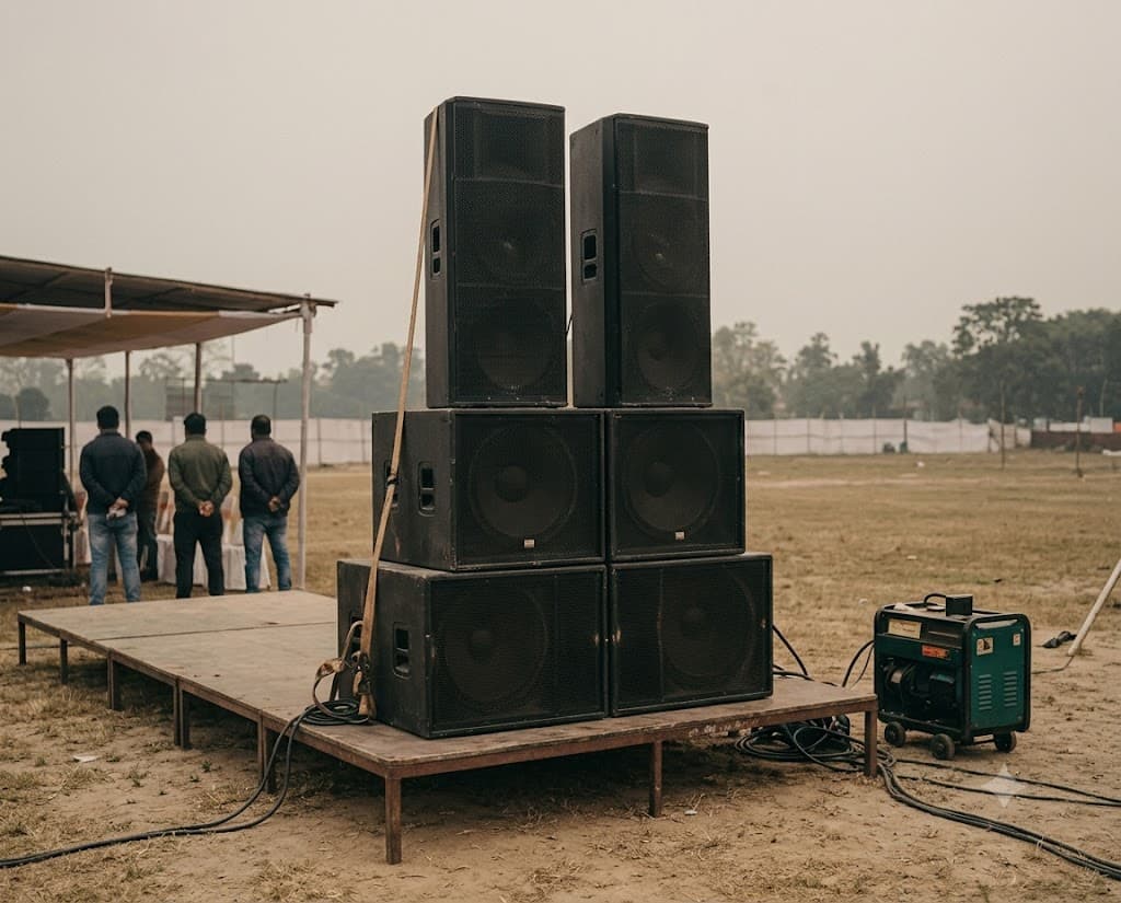 A ground-stacked PA of tops and subwoofers on a raised platform at an open-ground function.
