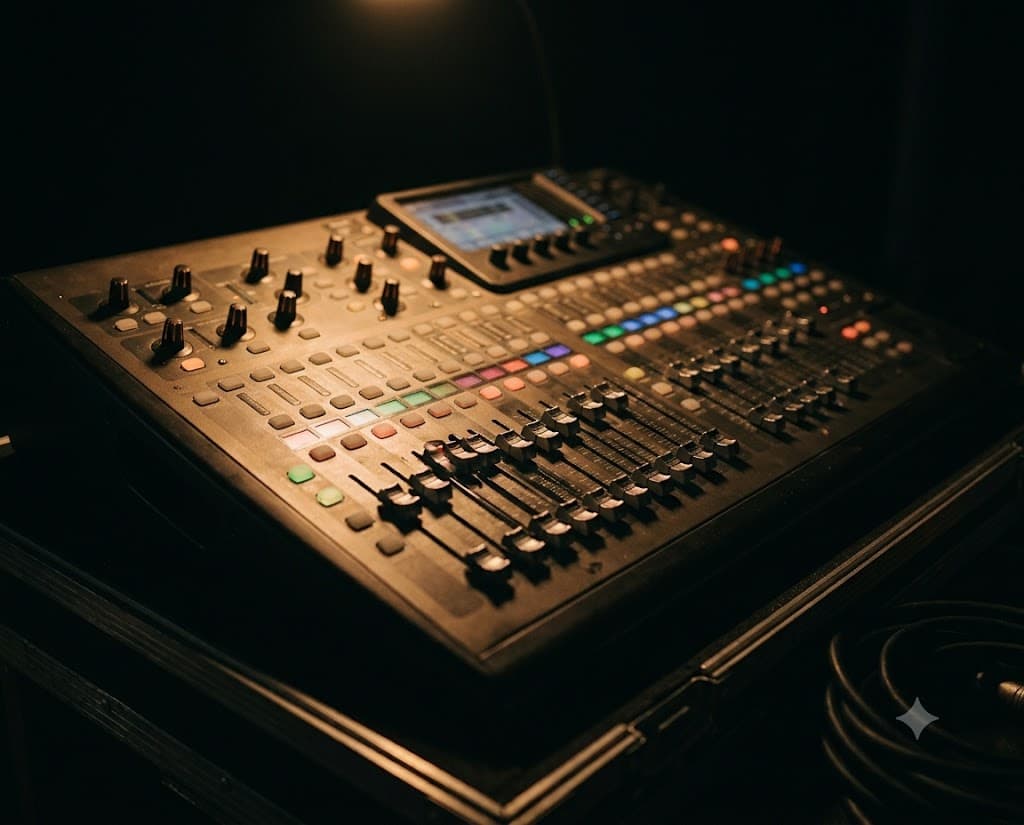 A compact digital mixing console shot from a low angle, faders glowing faintly in the dark.