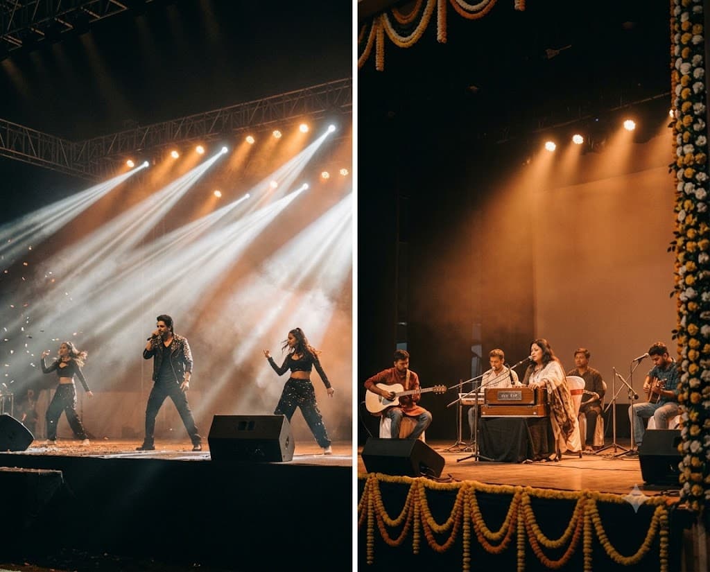 A high-energy stage performance under sweeping white and amber beams at a large event.