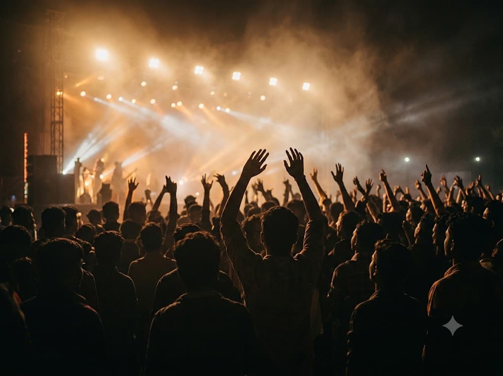 A college festival night crowd with hands raised toward a bright stage, beams and haze.