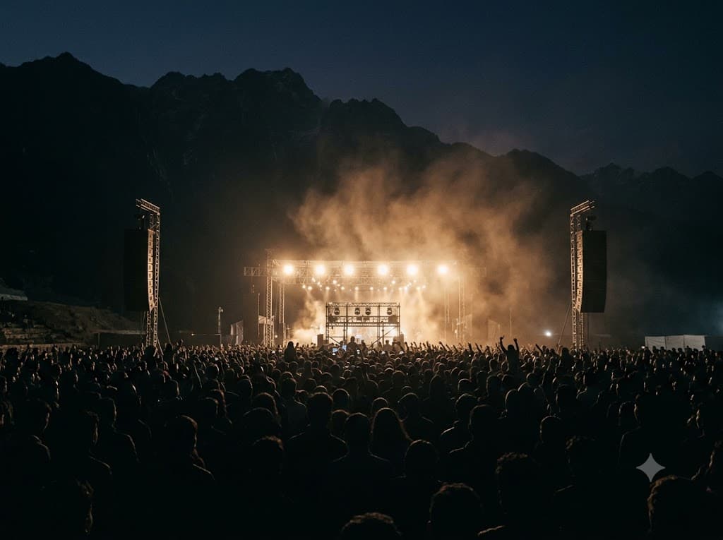 An open-air night concert on a hill-town ground with a line-array PA and a dense silhouetted crowd.