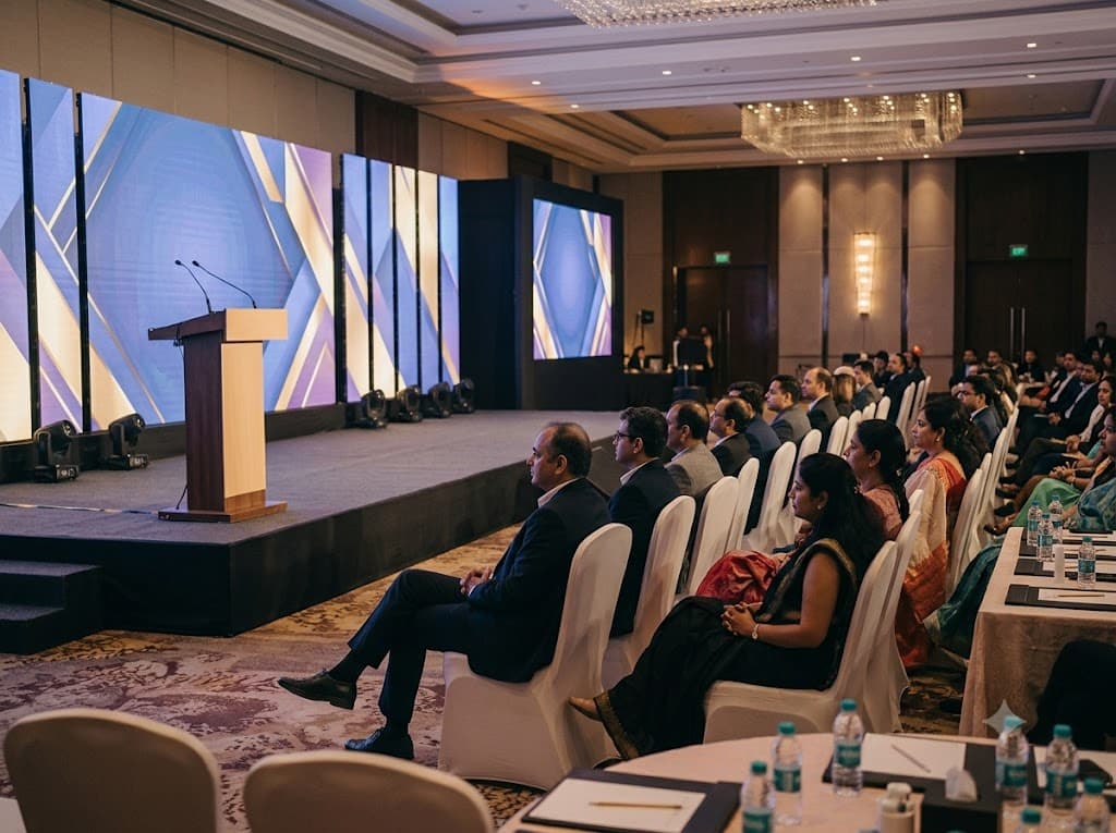 A corporate ballroom stage set for an awards evening with a lectern and an LED backdrop wall.