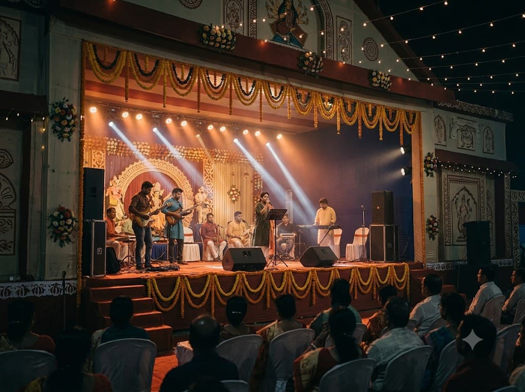 A Durga Pujo pandal cultural programme with a Bengali band performing under festive lighting.