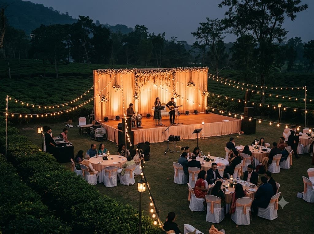 An evening wedding reception on a tea-estate lawn with a warmly uplit stage and string lights.