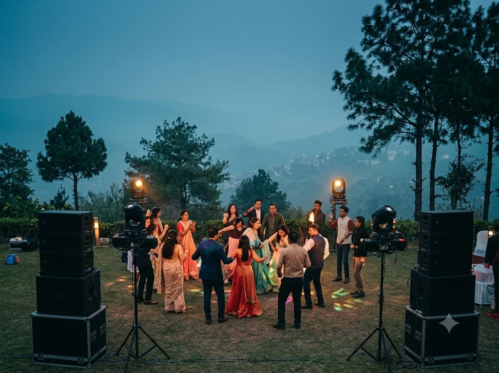 A hillside-resort lawn sangeet at dusk with compact speaker stacks and guests dancing.