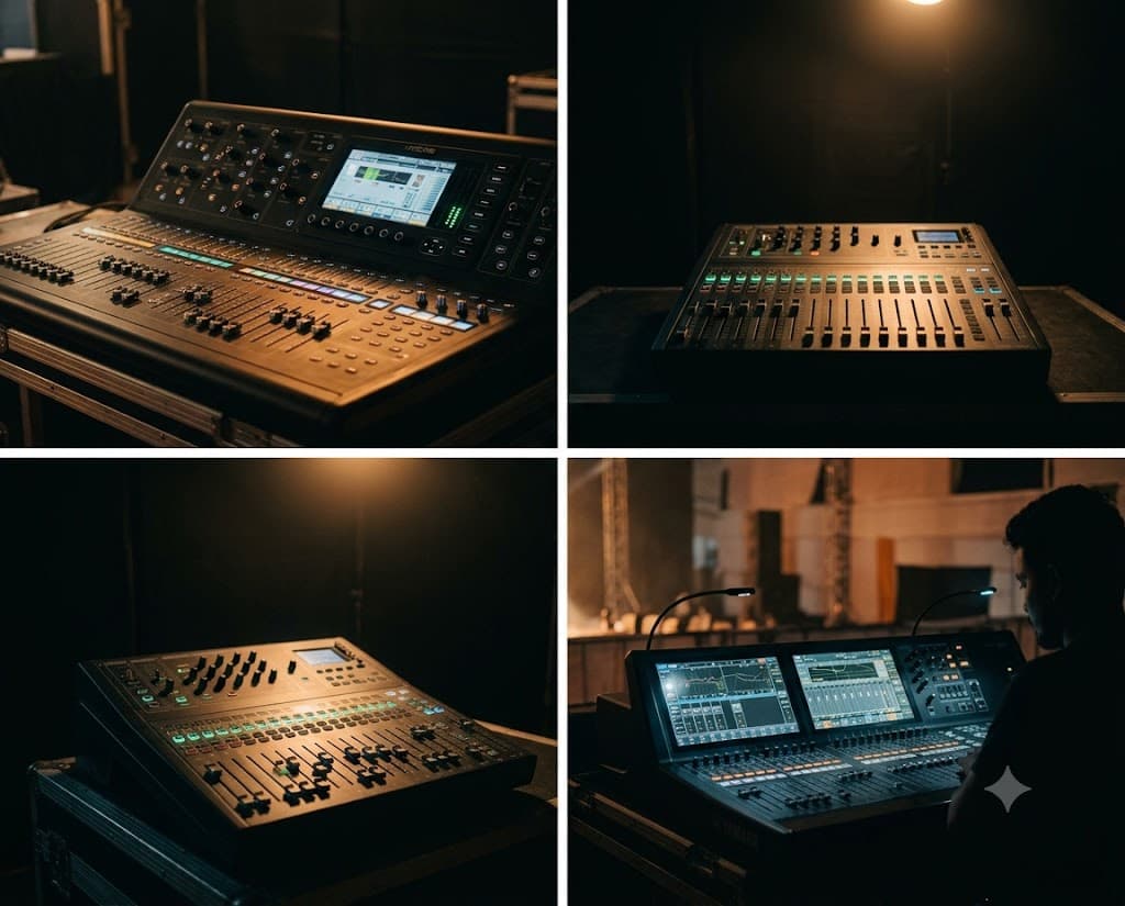 A large digital audio mixing console with motorised faders and a central touchscreen, lit low.