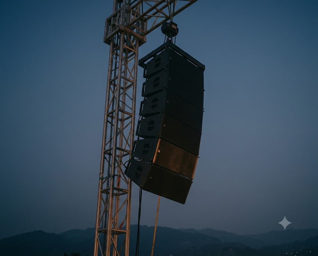 A flown line-array speaker hang against a dusk sky with an amber stage glow below.