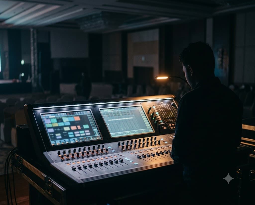 A large flagship mixing console with dual touchscreen displays at a front-of-house position.