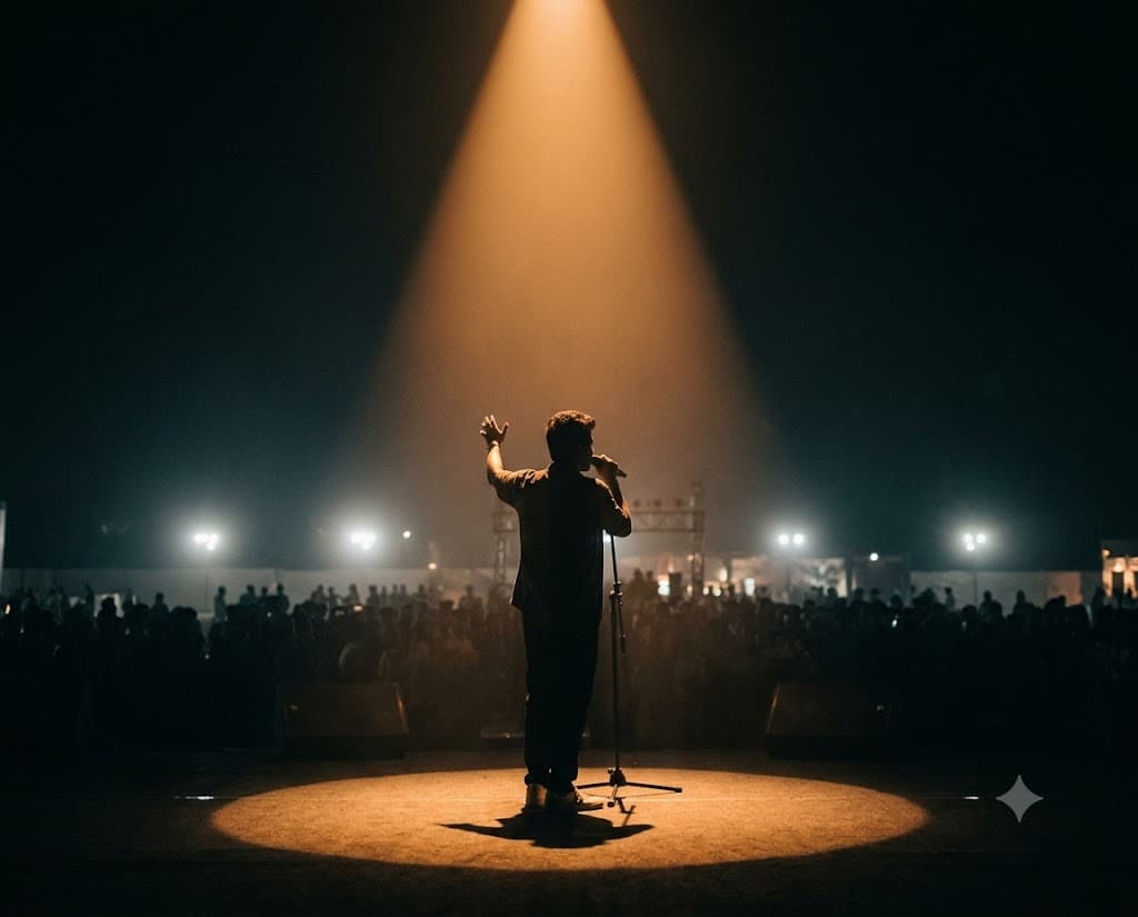 A solo singer under a tight amber spotlight on a large concert stage.