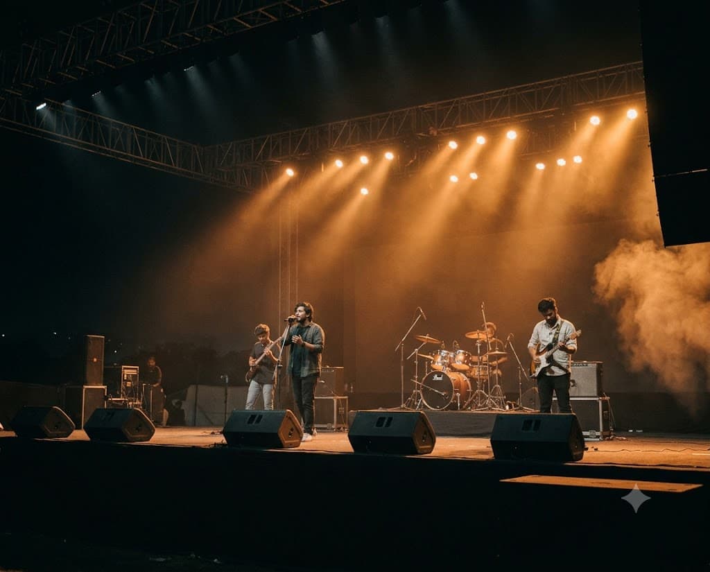 A live band performing on a mid-size event stage, seen from the wings with warm backlight.