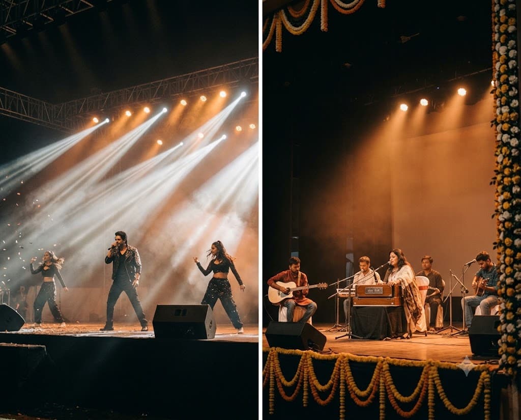 A Bengali cultural stage evening with a singer and a small acoustic ensemble under warm light.